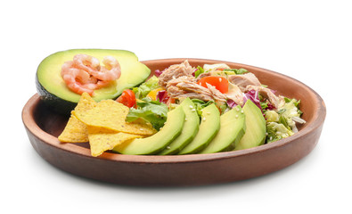 Plate of tasty salad with ripe avocado on white background