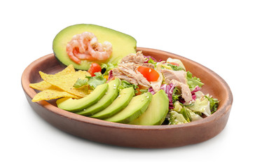 Plate of tasty salad with ripe avocado on white background