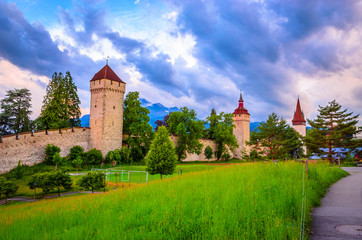 Fototapeta premium Old city wall and towers in Luzern, Switzerland