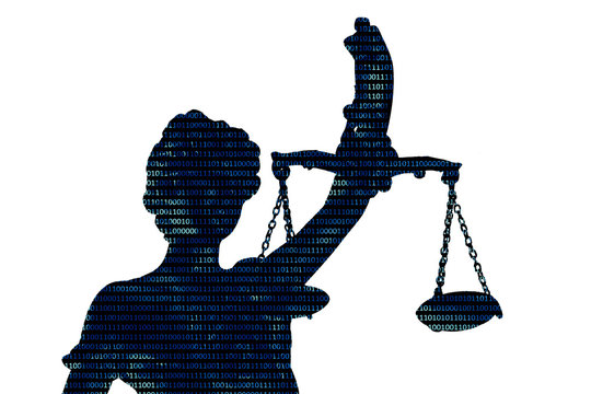 Lady justice on digital background (Concept of artificial intelligence lawyer)
