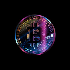 Bitcoin with glowing lights..Colorfull  bitcoin symbol. Coins on black background.