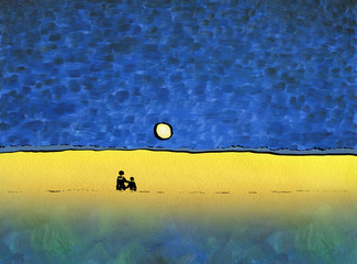 A loving couple watching the moon standing on the field of flowering rape with tall grass. On the horizon, a forest is visible. Oil and watercolor painting on paper.