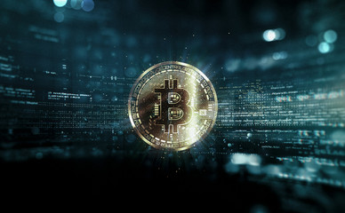 Bitcoin with glowing lights..Bitcoin symbol. Coins on black background.