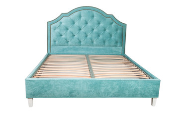 Isolated on white background a double bed with a soft platform and high tufted backrest and...
