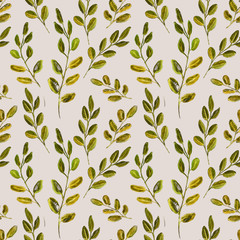 Seamless Realistic Watercolor Greenery Pattern. Hand Drawn Eucalyptus Leaves and Branches Print. Summer, Spring Forest Herbs, Plants Texture. Foliage in Vintage Style. Nature Eco Friendly Concept.