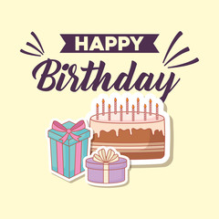 happy birthday postcard with cake and gifts vector illustration design