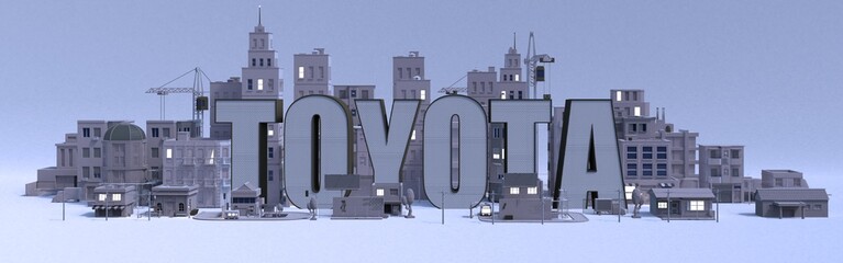 Toyota lettering name, illustration 3d rendering city with gray buildings .