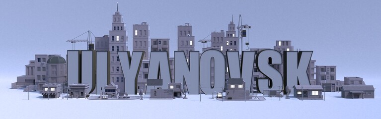 Ulyanovsk lettering name, illustration 3d rendering city with gray buildings .