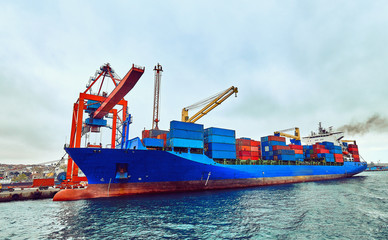 container ship in import,export port against beautiful morning