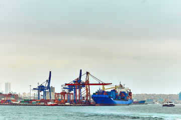 container ship in import,export port against beautiful morning