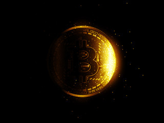 Bitcoin with glowing lights..Gold bitcoin symbol. Coins on black background.