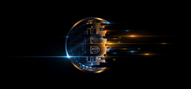 Bitcoin with glowing lights..Gold bitcoin symbol. Coins on black background.