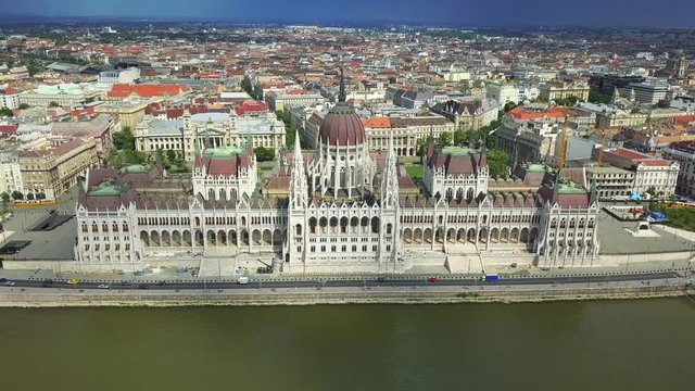 Budapest, Hungary - 4K Aerial view of the Hungarian Parliament building at daytime