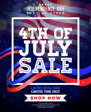 Fourth of July. Independence Day Sale Banner Design with Flag on Dark Background. USA National Holiday Vector Illustration with Special Offer Typography Elements for Coupon, Voucher, Banner, Flyer