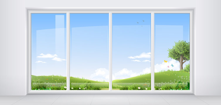 Room hotel or house, apartment, with a huge panoramic window, a door and a view of the natural green landscape. Vector graphics