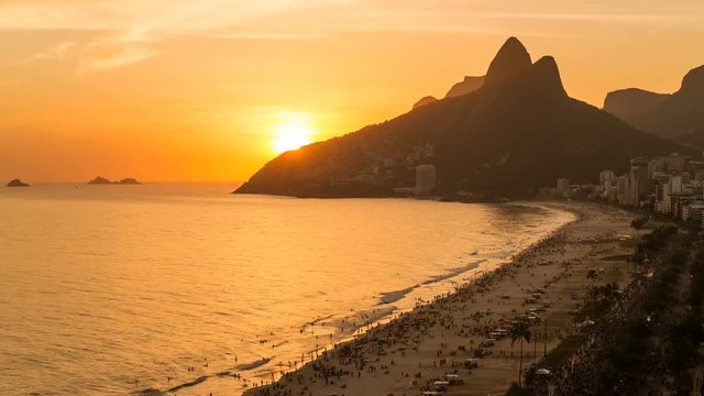 Ipanema Beach and Dois Irmaos (Two Brothers) mountain, Rio de Janeiro, Brazil, South America - 4K Time lapse