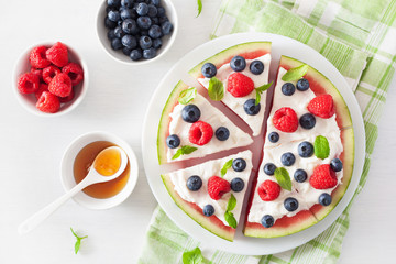 watermelon pizza slices with yogurt and berries, summer dessert