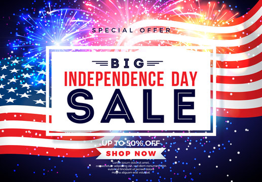 Fourth of July. Independence Day Sale Banner Design with Flag on Firework Background. USA National Holiday Vector Illustration with Special Offer Typography Elements for Coupon, Voucher, Banner, Flyer