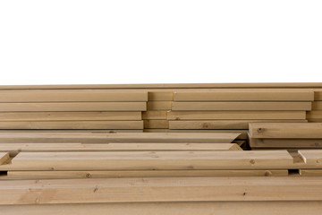 Pile of wooden planks against white background