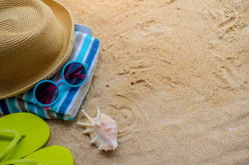 Beach Accessories On Table On Beach - Summer Holidays