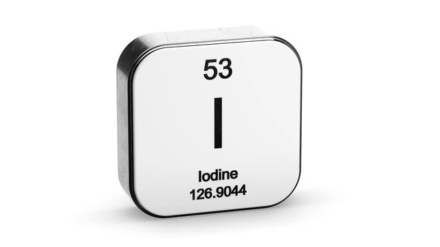Iodine element symbol from the periodic table on white metallic rounded square icon 3D animation