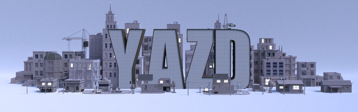 Yazd lettering name, illustration 3d rendering city with gray buildings .