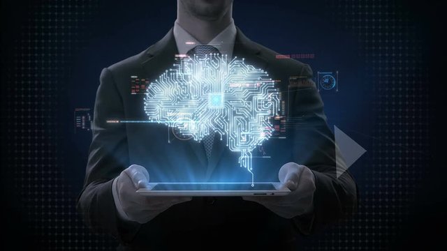 Businessman lifting smart pad, tablet, digital brain connected CPU chip circuit board, with digital interface, grow Artificial intelligence, 4K movie. 