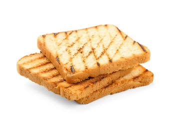 Tasty toasted bread on white background