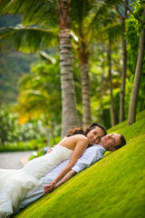 groom and bride hugging on a green grass on a background of palm trees in the summer
