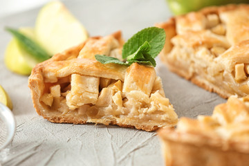 Tasty homemade apple pie on table, closeup