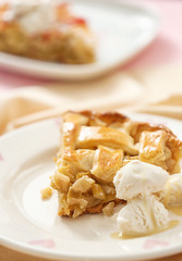 Piece of tasty homemade apple pie with ice cream on plate, closeup