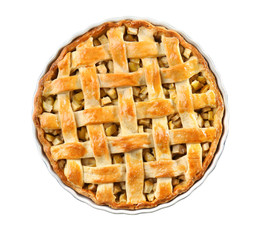 Tasty homemade apple pie on white background