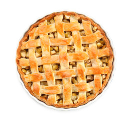 Tasty homemade apple pie on white background