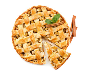 Tasty homemade apple pie on white background