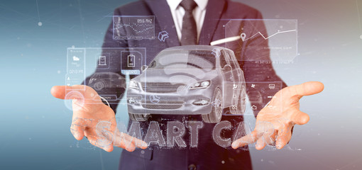 Man holding a Dashboard smartcar interface dashboard 3d rendering