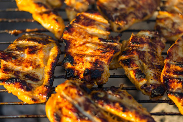 Chicken breast steak placed on the hot grill. Bbq meat on fire, summer weather, grill party with friends