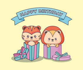 cute animals clebrating party kawaii characters vector illustration design