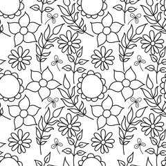 Hand sketched leaves and flowers seamless pattern. Vector illustration