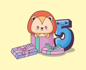 cute lion clebrating party kawaii character vector illustration design