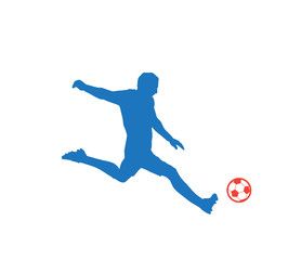 Fototapeta na wymiar Soccer player with soccer ball silhouette isolated on white background, football vector world cup competition international team sports games banner, dynamic athletic people running, activity