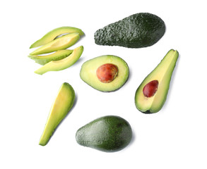 Fresh avocados on white background, flat lay
