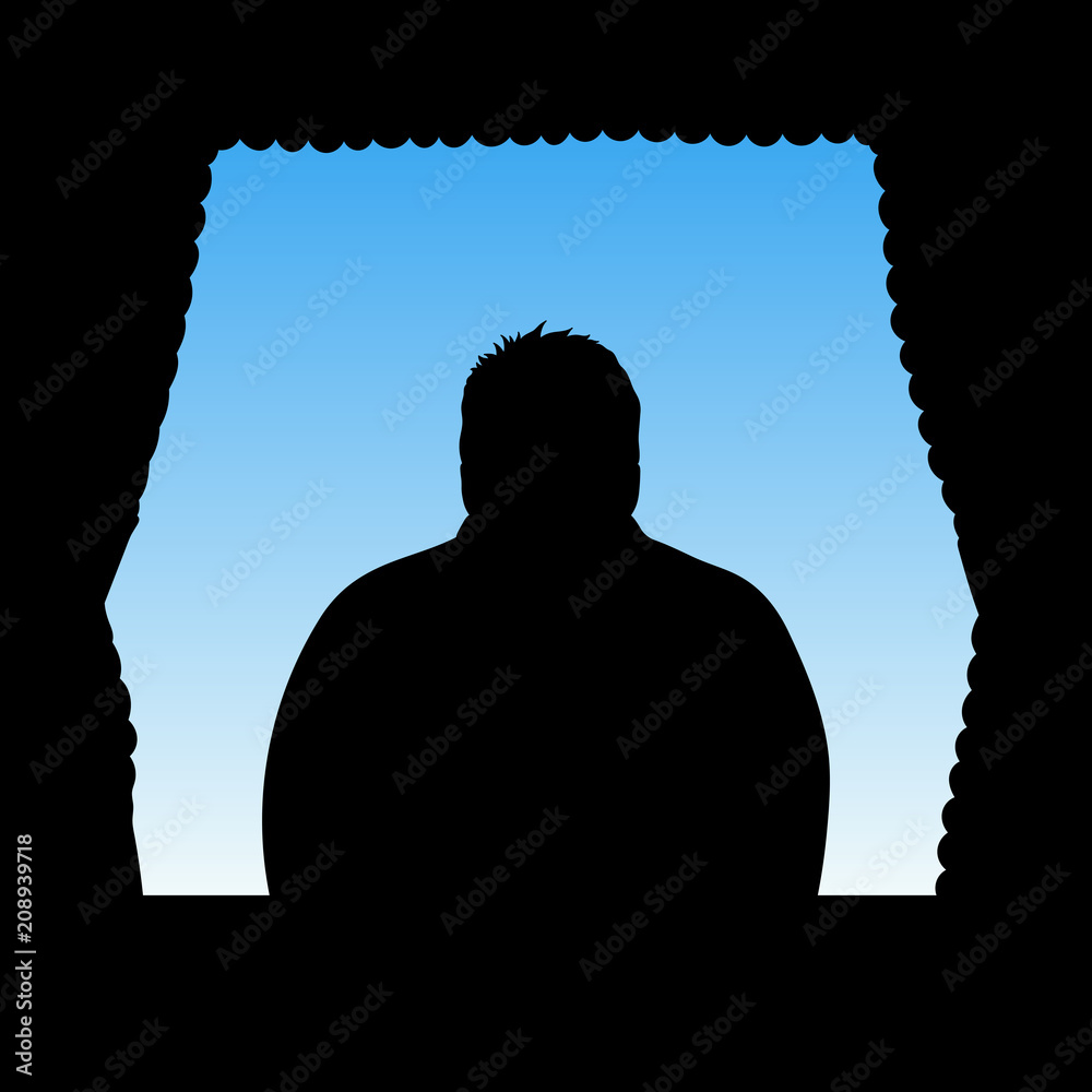 Canvas Prints man looks out window. vector illustration with isolated silhouettes of man and wavy curtains. blue p