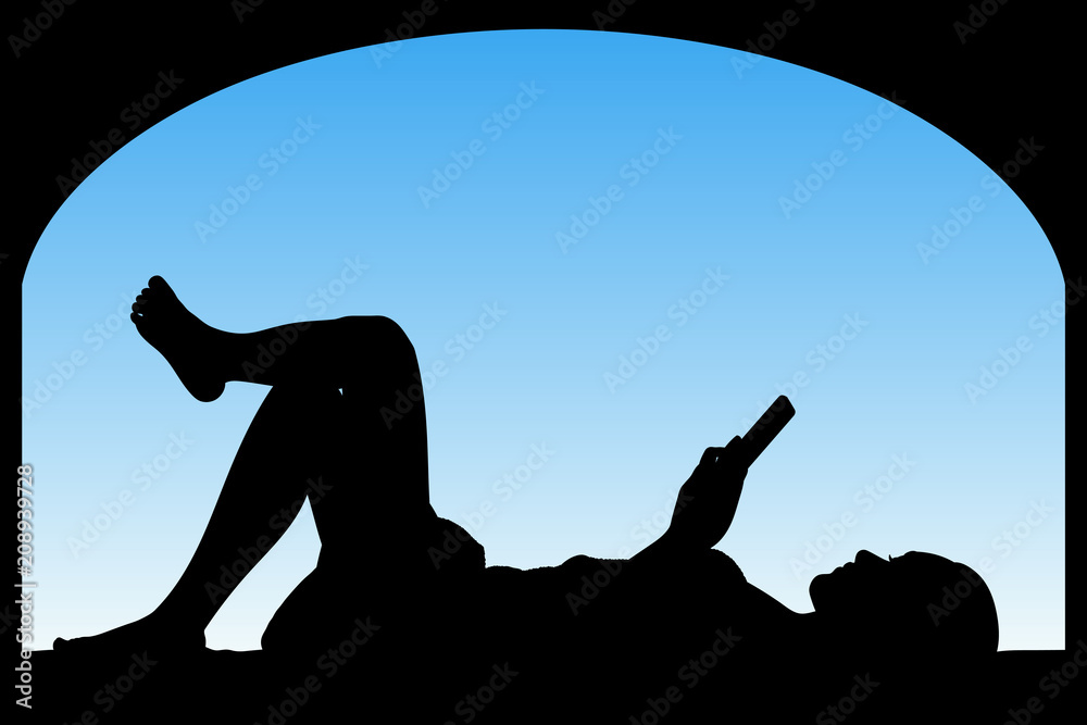 Sticker lying girl near big window. vector illustration with isolated silhouette of woman with mobile phone.