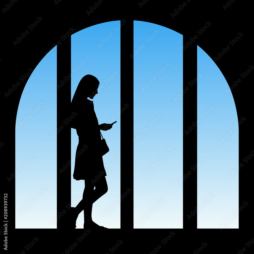 Sticker standing girl at big city window. vector illustration with isolated silhouette of woman with mobile 