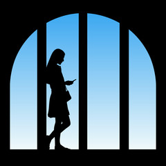 Standing girl at big city window. Vector illustration with isolated silhouette of woman with mobile phone. Blue pastel background