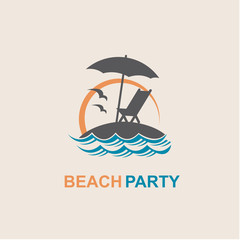 emblem of summer vacation with reclining chair and umbrella on island