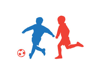 Fototapeta na wymiar Kids soccer players with soccer ball silhouette isolated on white background, football vector summer camp competition team sports games banner, dynamic athletic children run, activity, fitness club