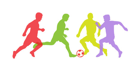 Fototapeta na wymiar Soccer players with soccer ball silhouette isolated on white background, football vector world cup competition international team sports games banner, dynamic athletic people running activity
