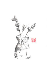 Vase with willow catkins Japanese style sumi-e painting.