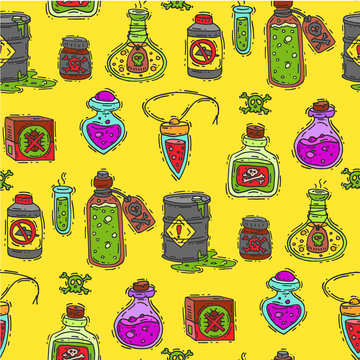 Bottle with potion game magic glass elixir poisoning toxic substance dangerous toxin drug container seamless pattern background vector illustration